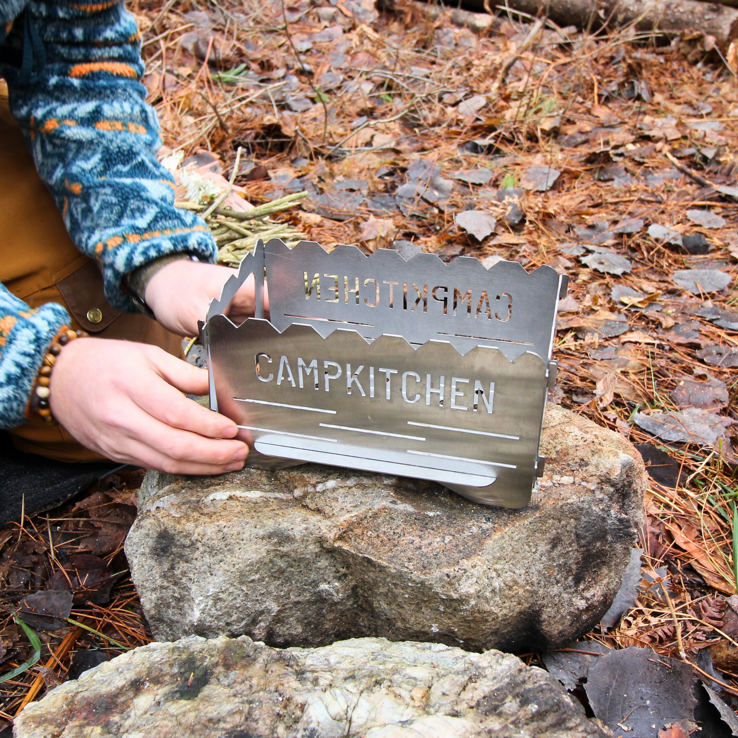 CAMPKITCHEN Twig Stove setup. All panels (base, sides and ends) are interlocked.